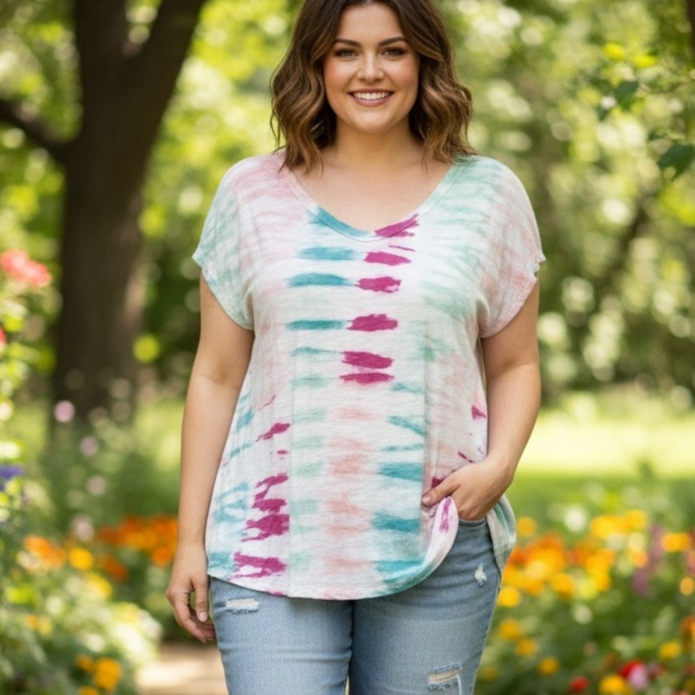 Jessica Simpson Tie Dye V Neck T Shirt Top Women's 2X Pink Teal White